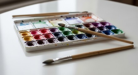 An open paint palette holds many colorful watercolors with three wooden brushes resting on a light plain surface