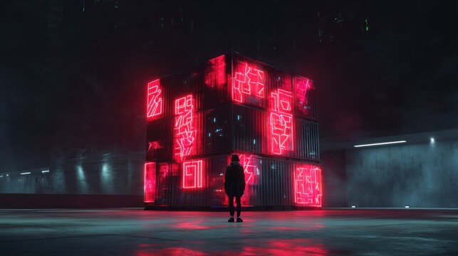 Person standing before illuminated cube with characters dark futuristic art