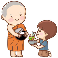 Illustration of a boy offering food to a Buddhist monk