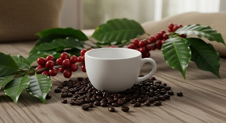 Coffea arabica branch with ripe red cherries placed beside coffee cup and roasted beans, rustic farm setting, natural beverage concept, coffee product mockup