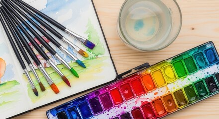 Art supplies on a wooden surface featuring an open sketchbook with watercolor paintings a set of paintbrushes a glass of water and a vibrant paint palette