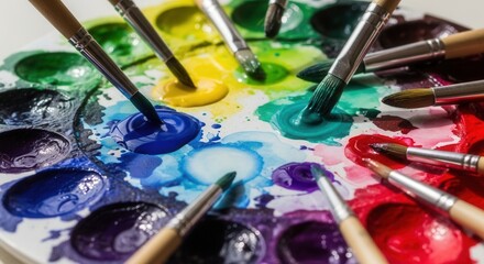 Artists palette holds colorful wet paints in individual wells with multiple paintbrushes immersed in the vivid blues greens yellows and reds