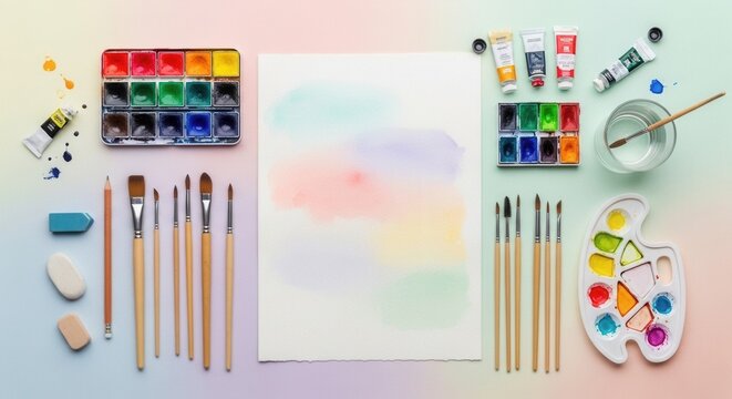 An overhead view of watercolor art supplies including paint sets tubes brushes a water glass palette pencil and erasers arranged around a blank paper with soft color swatches - Powered by Adobe