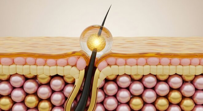Dermatological 3D rendering of skin layers with an active gold molecule serum capsule penetrating and treating a hair follicle for cosmetic health