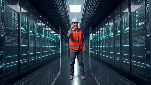 Full Body Of Angry Asian Male Engineer With Safety Helmet Shouting At Someone While Standing in Server Room Data Center