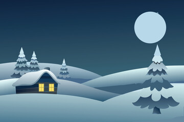 Fototapeta premium A cozy cabin nestled in a snowy landscape under a bright moon