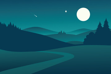 Fototapeta premium A winding road beneath a bright moon and starry night sky