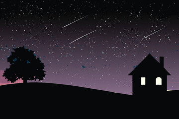 A silhouetted landscape with a house tree and a starry night sky