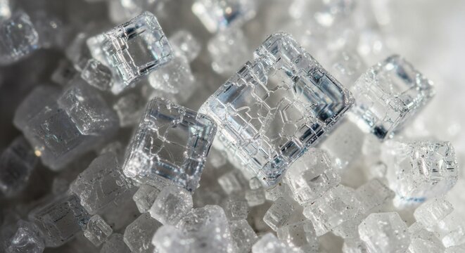 Close-up of translucent cubic crystals some revealing intricate internal geometric patterns and sparkling surfaces piled together