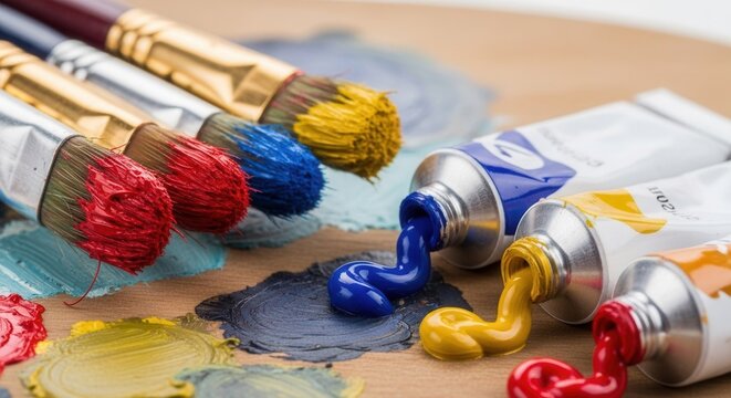 Close-up of several paintbrushes with colored bristles resting on a wooden surface beside opened tubes of brightly colored paints being squeezed out