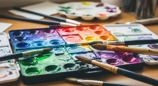 Close-up of vibrant watercolor palettes and paintbrushes on a wooden surface with paper in the soft-focus background showing artistic tools