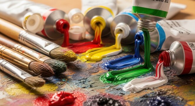 Colorful paint tubes squeezing various colors onto a textured wooden palette surrounded by several artists brushes with paint on their bristles - Powered by Adobe