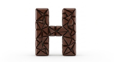 Dark brown chocolate pieces form the letter H against a bright white background The confectionery segments have a geometric fragmented appearance