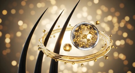 Dramatic 3D rendering showing hair strands being nourished by a golden ring of oil droplets and a molecular structure on a luxurious bokeh background
