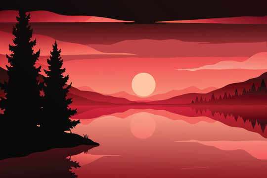 Red monochrome landscape featuring trees mountains water and a setting sun