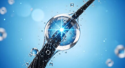 Dramatic macro 3D render of a single hair strand coated with a water droplet containing a bright, star-like serum molecule