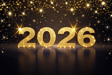 Happy New Year 2026 Gold Glitter Text with Sparkling Stars on Dark Background
