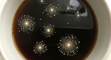 Dark liquid in a white cup features multiple glowing circular patterns composed of bright clustered particles on its surface creating a cosmic appearance