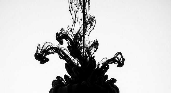 Dark liquid expands and flows upward in a bright clear medium forming intricate abstract patterns and delicate tendrils against a stark white backdrop
