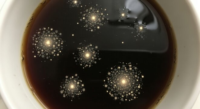 Dark liquid in a white cup features multiple glowing circular patterns composed of bright clustered particles on its surface creating a cosmic appearance