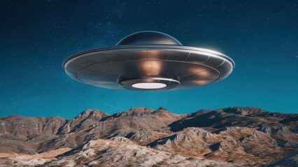 Mysterious UFO hovers over a serene mountain landscape under a star-filled sky, sparking curiosity and wonder of outer space exploration tonight