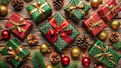 Flat Lay of Christmas Gifts in Red Green and Gold