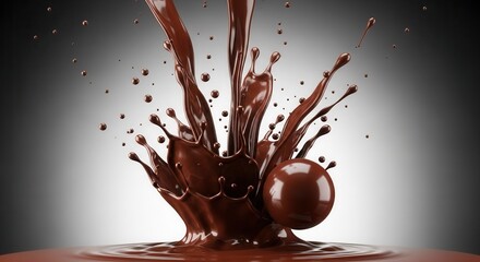 Dynamic chocolate splash with pouring streams airborne droplets and a smooth sphere against a gradient background