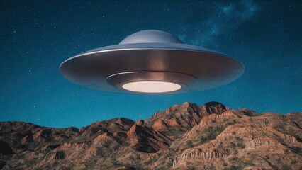 Mysterious UFO hovers above rugged desert mountains under a starlit sky, igniting fascination and wonder of the unknown in this striking landscape scene.