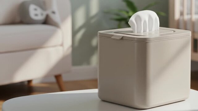 Beige wipe dispenser with white tissues on a table
