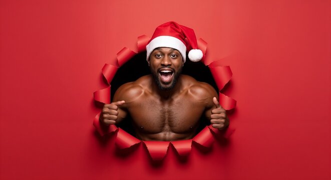 Muscular man in Santa hat pointing at himself through red wall hole. Great for humorous holiday campaigns and fitness-themed Christmas content.