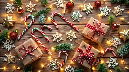 Flat Lay of Festive Gifts with Candy Canes and Tiny Lights