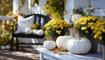 Inviting autumn porch decor with vibrant yellow mums white pumpkins and cozy bench setting