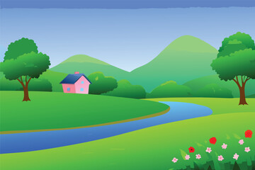 Naklejka premium A vibrant cartoon landscape featuring a small house and flowing river