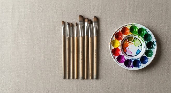 Eight paintbrushes line up on a textured surface beside a circular palette filled with vibrant watercolors and mixed pigments - Powered by Adobe