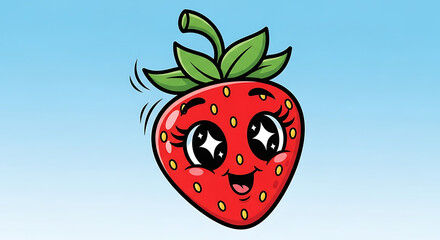 Obraz premium Cute Cartoon Strawberry with Big Sparkling Eyes and Happy Expression on Blue Background
