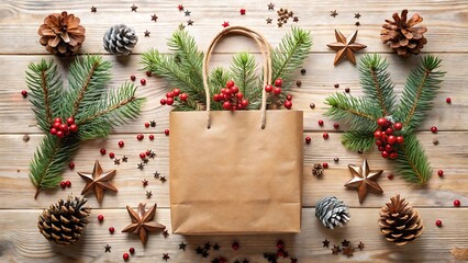 Flat Lay of Kraft Shopping Bag with Small Gifts and Pinecones