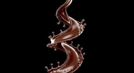 Glossy brown liquid forms a dynamic twisting splash creating a swirling shape with prominent droplets against a solid dark background