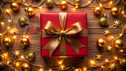Flat Lay of Luxury Red Gift with Gold Ribbon Surrounded by Decor