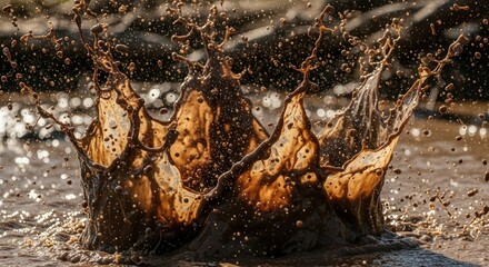 High-speed capture of brown liquid splashing forming intricate crowns and myriad droplets illuminated by sunlight