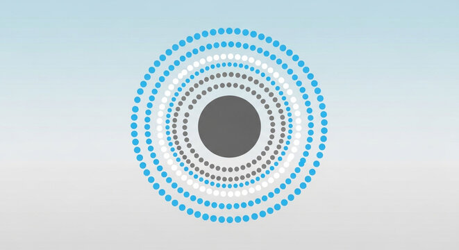 Concentric circles of blue, white and gray dots on a gradient blue background create a modern and abstract design, perfect for technology or data concepts
