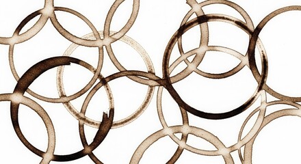 Interlocking brown rings form an abstract pattern on a white surface resembling drink stains