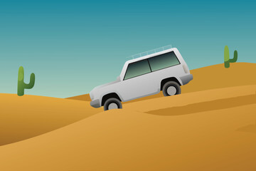 Stylized illustration of a white suv driving on desert sand dunes