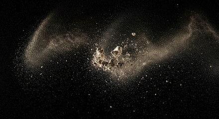 Irregular rocky fragments amidst spreading fine particles and dust clouds in a dark void