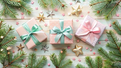 Flat Lay of Stacked Pastel Gifts with Bows and Pine Branches