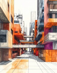 Creative architectural perspective of urban buildings in a 3D abstract line drawing