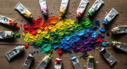 Fototapeta premium Metal paint tubes arranged around a thick textured rainbow-colored paint smear on a rustic wooden surface with scattered paint drops