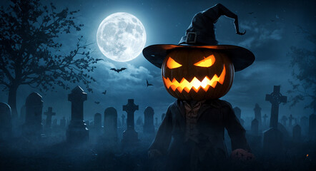 Spooky scene with full moon, bats, cemetery, and pumpkin-headed figure in witch hat and robe. Ideal for Halloween decorations and horror-themed content.