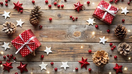 Flat Lay with Red and White Gifts Stars and Pinecones