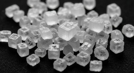 Numerous translucent cubic crystals with textured surfaces are closely observed on a dark granular material displaying internal patterns