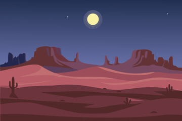Desert landscape at night with cacti and mesas under a full moon